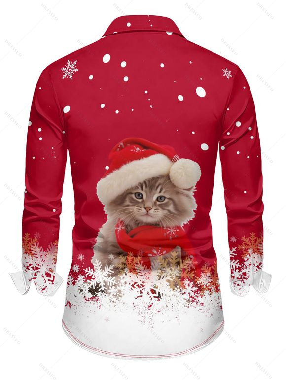 Chemise Décontractée Boutonnée Chat et Flocon de Neige Imprimés à Manches Longues à Col Relevé - Rouge 5XL