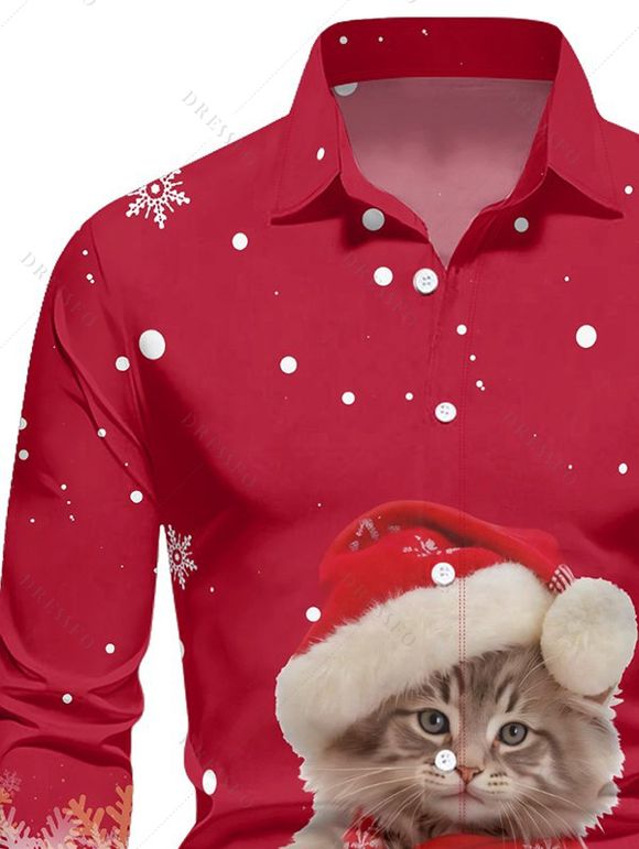 Chemise Décontractée Boutonnée Chat et Flocon de Neige Imprimés à Manches Longues à Col Relevé - Rouge 5XL