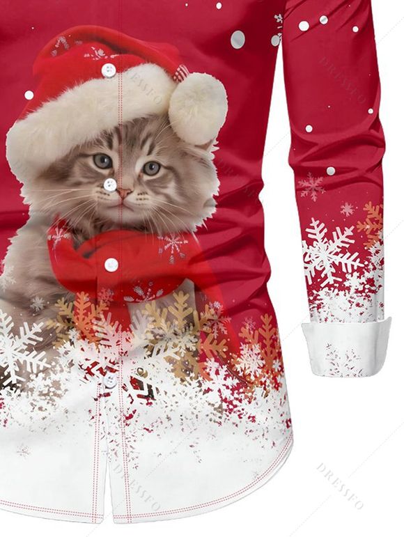 Chemise Décontractée Boutonnée Chat et Flocon de Neige Imprimés à Manches Longues à Col Relevé - Rouge 5XL