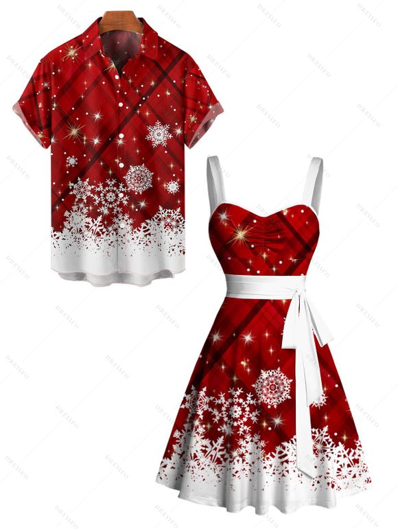 Plaid Christmas Snowflake Print Belted Sleeveless Dress And Short Sleeve Shirt Matching Outfit - Rouge S | US 4