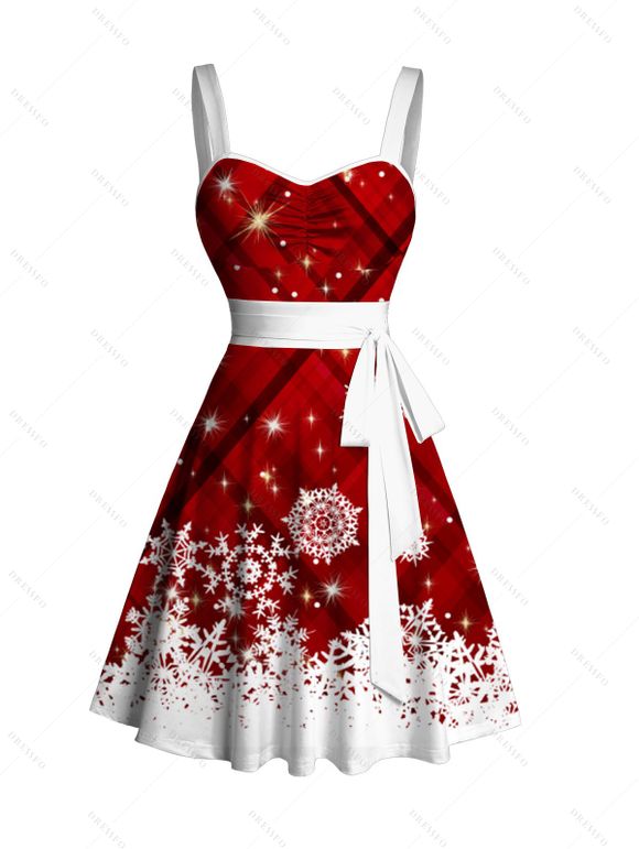 Plaid Christmas Snowflake Print Belted Sleeveless Dress And Short Sleeve Shirt Matching Outfit - Rouge S | US 4