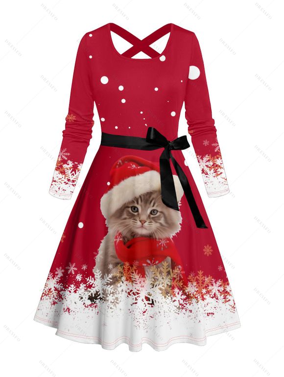 Robe de Noël Ligne A Ceinturée Croisé Chat et Flocon de Neige Imprimés à Manches Longues à Pois - Rouge L | US 8-10