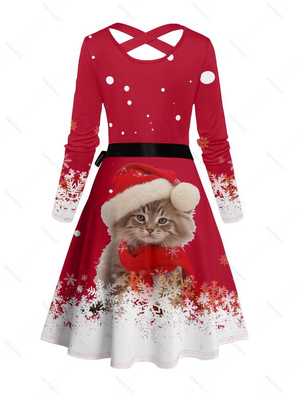 Robe de Noël Ligne A Ceinturée Croisé Chat et Flocon de Neige Imprimés à Manches Longues à Pois - Rouge XL | US 12