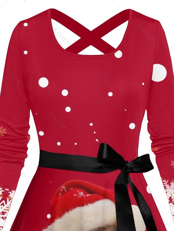 Robe de Noël Ligne A Ceinturée Croisé Chat et Flocon de Neige Imprimés à Manches Longues à Pois - Rouge XL | US 12