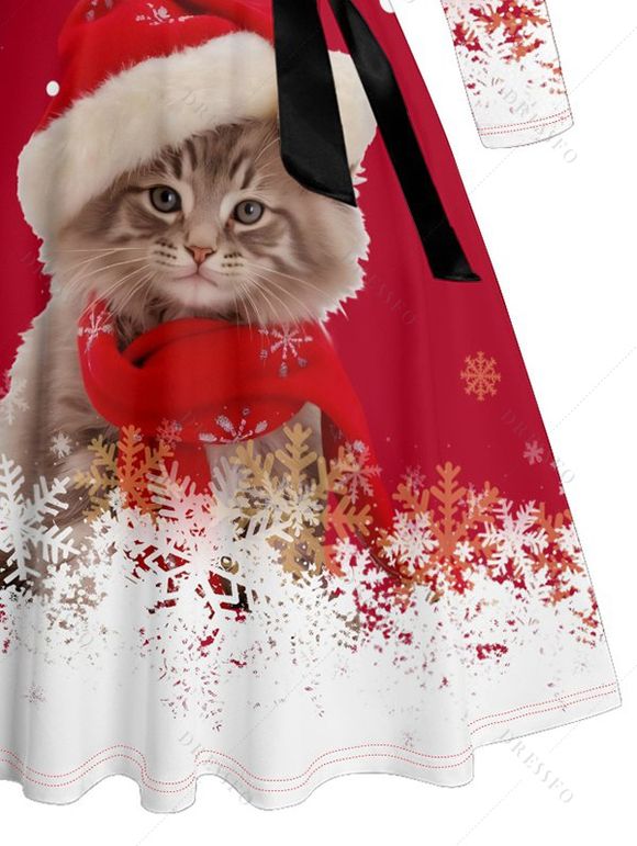 Robe de Noël Ligne A Ceinturée Croisé Chat et Flocon de Neige Imprimés à Manches Longues à Pois - Rouge XL | US 12