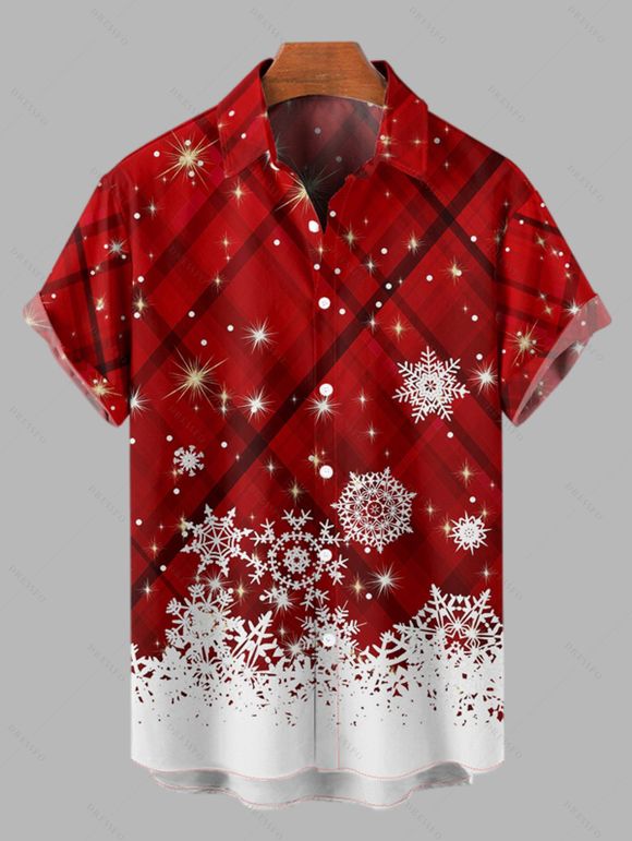 Chemise Formelle Flocon de Neige à Carreaux Imprimé Manches Courtes à Col Relevé - Rouge 3XL