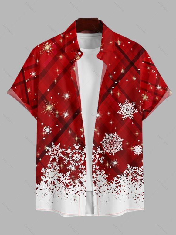 Chemise Formelle Flocon de Neige à Carreaux Imprimé Manches Courtes à Col Relevé - Rouge 2XL