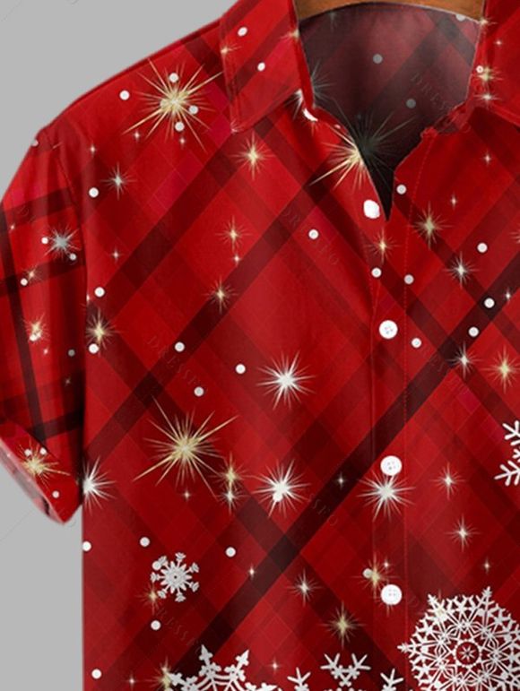 Chemise Formelle Flocon de Neige à Carreaux Imprimé Manches Courtes à Col Relevé - Rouge 2XL