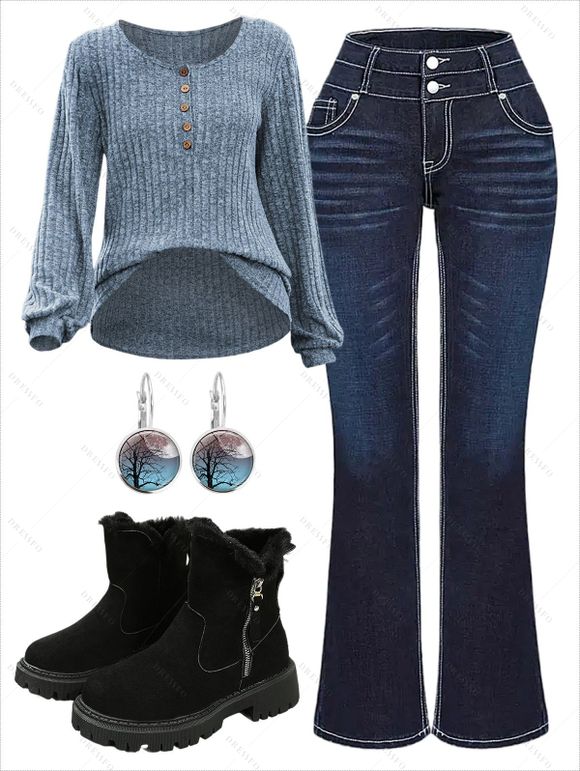 Half Button Ribbed Long Sleeve Top And Contrast Topstitching Leaf Embroidery Double Buttons Jeans Faux Fur Lining Boots Moon Tree Hoop Earrings Outfit - Bleu gris S | US 4