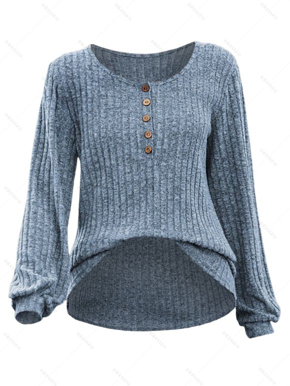 Half Button Ribbed Long Sleeve Top And Contrast Topstitching Leaf Embroidery Double Buttons Jeans Faux Fur Lining Boots Moon Tree Hoop Earrings Outfit - Bleu gris S | US 4