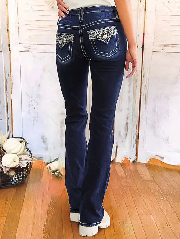 Half Button Ribbed Long Sleeve Top And Contrast Topstitching Leaf Embroidery Double Buttons Jeans Faux Fur Lining Boots Moon Tree Hoop Earrings Outfit - Bleu gris S | US 4