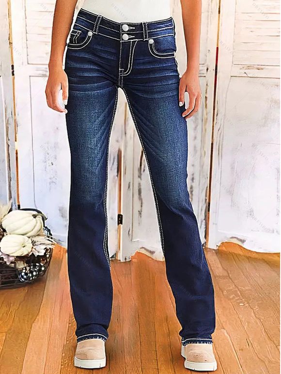 Half Button Ribbed Long Sleeve Top And Contrast Topstitching Leaf Embroidery Double Buttons Jeans Faux Fur Lining Boots Moon Tree Hoop Earrings Outfit - Bleu gris S | US 4