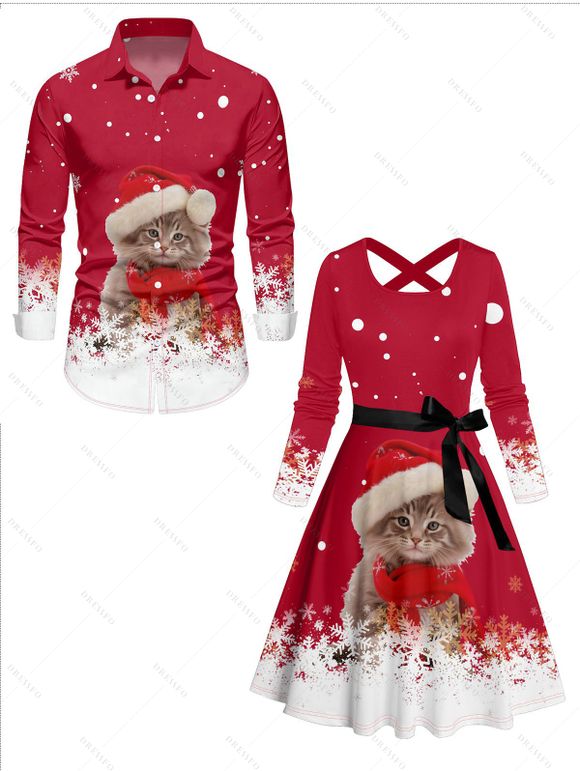 Christmas Cat Snowflake Polka Dots Print Belted Long Sleeve Dress And Button Down Shirt Matching Outfit - Rouge S | US 4