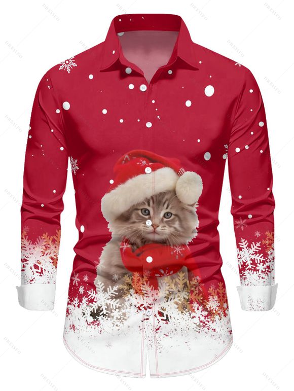Christmas Cat Snowflake Polka Dots Print Belted Long Sleeve Dress And Button Down Shirt Matching Outfit - Rouge S | US 4