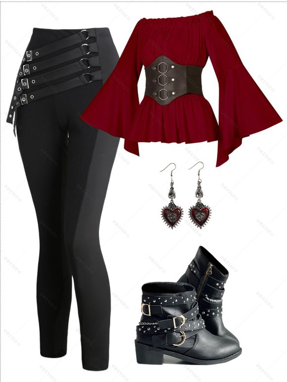 Off The Shoulder Flare Sleeve Vintage Belted Blouse And Buckle Strap Leggings Zip Up Boots Teardrop Earrings Gothic Outfit - Rouge foncé S | US 4