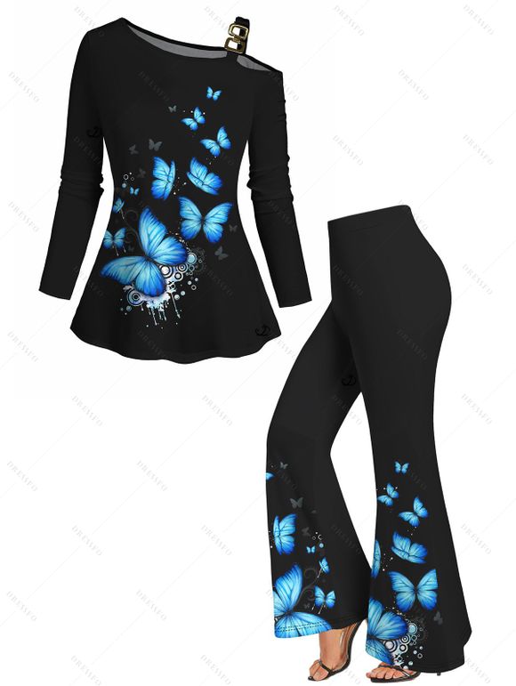 Butterfly Splatter Print Square Buckle Skew Collar Long Sleeve T-shirt And Long Flare Pants Matching Outfit - Noir S | US 4