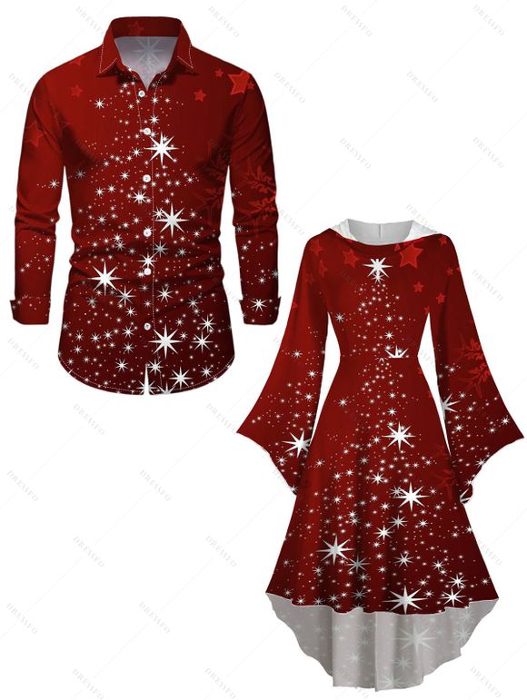 Christmas Snowflake Star Sparkle Light Print Flare Sleeve High Low Hooded Dress And Button Up Long Sleeve Shirt Outfit - Rouge foncé S | US 4