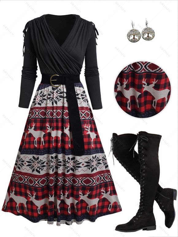 Long Sleeve Snowflake Elk Tribal Print Cinched Surplice Neck Belted Midi Dress And Lace Up Over The Knee Boots life Tree Hoop Earrings Outfit - Noir S | US 4