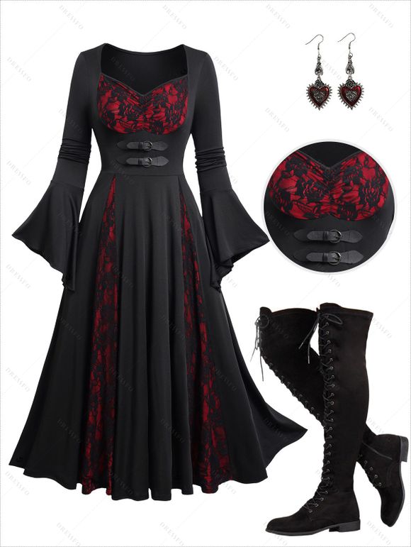 Gothic Skull Lace Contrast Panel Buckle Strap Flare Sleeve Midi Dress And Lace Up Over The Knee Boots Heart Rose Rivet Drop Earrings Outfit - Noir S | US 4