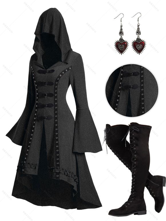 Grommet High Low Hem Buckle Flare Sleeve Frilled Gothic Hooded Top And Lace Up Over The Knee Boots Heart Rose Rivet Drop Earrings Outfit - Gris Foncé S | US 4