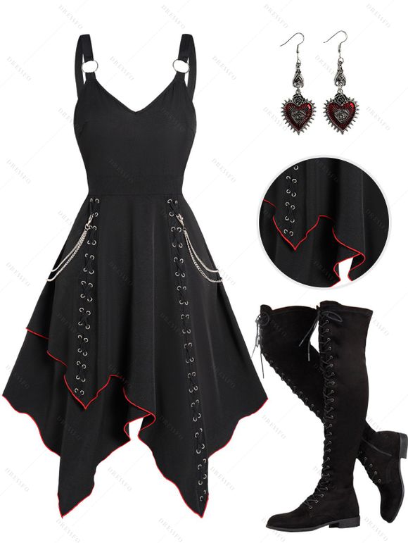 Gothic Contrast Pipe Grommet Lace Up Chain Embellishment Asymmetrical Dress And Over The Knee Boots Heart Rose Rivet Drop Earrings Outfit - Noir S | US 4