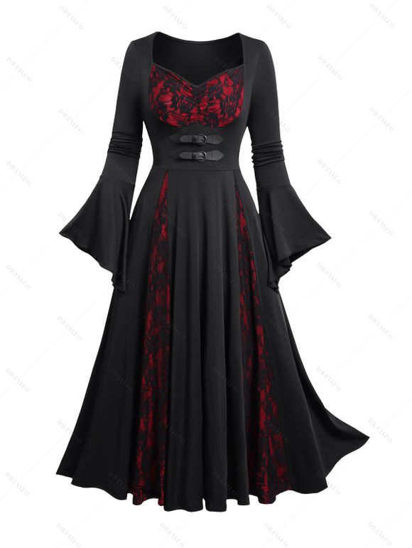 Robe Mi-Longue Gothique Crâne Panneau en Dentelle à Bretelle Bouclée - Noir L | US 8-10