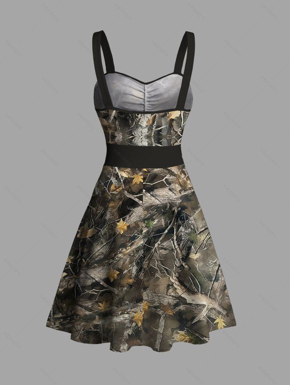 Mini Robe Camouflage Branche D'Arbre Feuille sans Manches à Volants - Vert profond XXL | US 14
