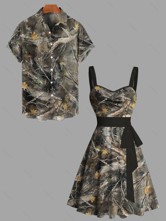 Leaf Tree Branch Camouflage Print Belted Sleeveless Mini Dress And Short Sleeve Button Up Shirt Matching Outfit - Vert profond S | US 4