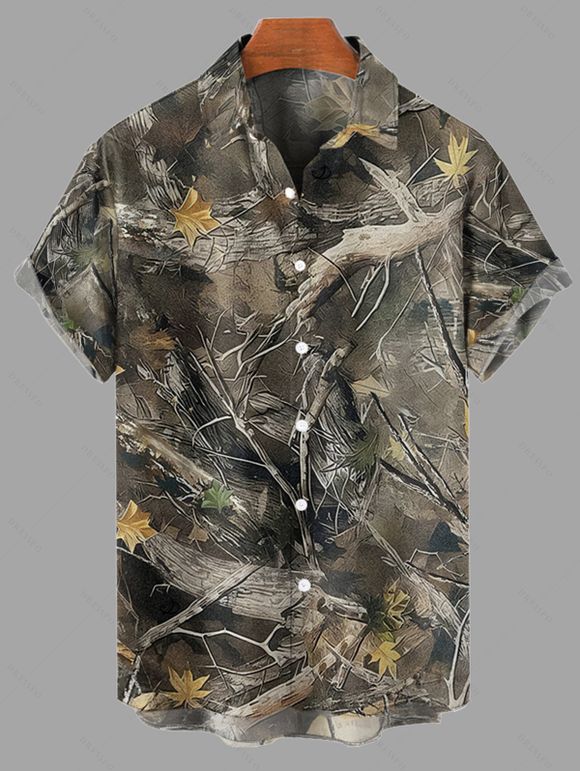 Chemise Décontractée à Manches Courtes avec Imprimé Branche D'Arbre et Feuilles - Vert profond L