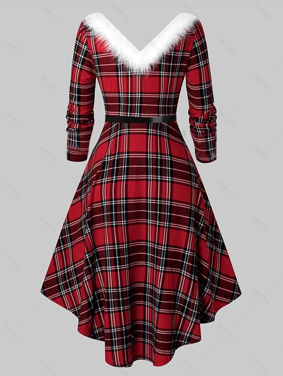 Robe de Noël Haute Basse à Carreaux Imprimé à Col Plongeant avec Ceinture - Rouge foncé L | US 8