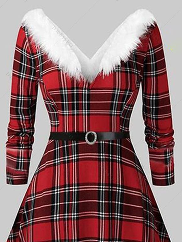 Robe de Noël Haute Basse à Carreaux Imprimé à Col Plongeant avec Ceinture - Rouge foncé L | US 8