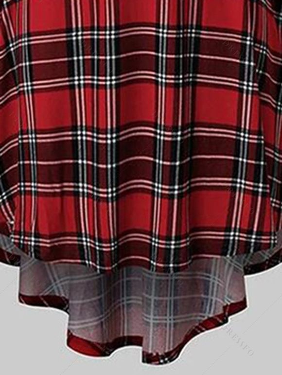 Robe de Noël Haute Basse à Carreaux Imprimé à Col Plongeant avec Ceinture - Rouge foncé L | US 8