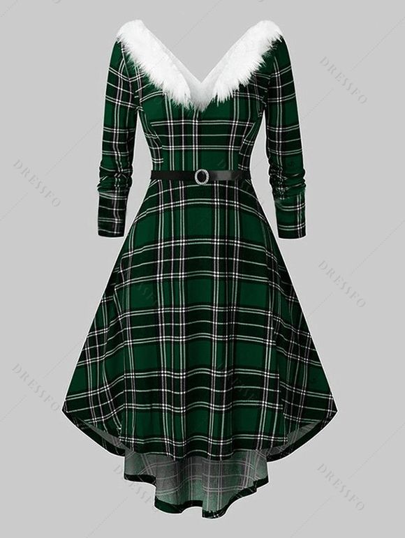 Robe de Noël Haute Basse à Carreaux Imprimé à Col Plongeant avec Ceinture - Vert profond XXL | US 12