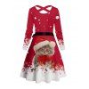 Robe de Noël Ligne A Ceinturée Croisé Chat et Flocon de Neige Imprimés à Manches Longues à Pois - Rouge L | US 8-10