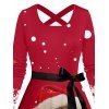 Robe de Noël Ligne A Ceinturée Croisé Chat et Flocon de Neige Imprimés à Manches Longues à Pois - Rouge L | US 8-10