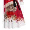 Robe de Noël Ligne A Ceinturée Croisé Chat et Flocon de Neige Imprimés à Manches Longues à Pois - Rouge L | US 8-10