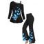 Butterfly Splatter Print Square Buckle Skew Collar Long Sleeve T-shirt And Long Flare Pants Matching Outfit - Noir S | US 4