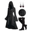 Grommet High Low Hem Buckle Flare Sleeve Frilled Gothic Hooded Top And Lace Up Over The Knee Boots Heart Rose Rivet Drop Earrings Outfit - Gris Foncé S | US 4