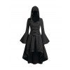 Grommet High Low Hem Buckle Flare Sleeve Frilled Gothic Hooded Top And Lace Up Over The Knee Boots Heart Rose Rivet Drop Earrings Outfit - Gris Foncé S | US 4