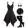 Gothic Contrast Pipe Grommet Lace Up Chain Embellishment Asymmetrical Dress And Over The Knee Boots Heart Rose Rivet Drop Earrings Outfit - Noir S | US 4