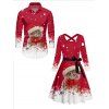 Christmas Cat Snowflake Polka Dots Print Belted Long Sleeve Dress And Button Down Shirt Matching Outfit - Rouge S | US 4