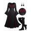 Gothic Skull Lace Contrast Panel Buckle Strap Flare Sleeve Midi Dress And Lace Up Over The Knee Boots Heart Rose Rivet Drop Earrings Outfit - Noir S | US 4