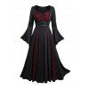 Gothic Skull Lace Contrast Panel Buckle Strap Flare Sleeve Midi Dress And Lace Up Over The Knee Boots Heart Rose Rivet Drop Earrings Outfit - Noir S | US 4