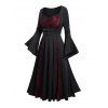 Gothic Skull Lace Contrast Panel Buckle Strap Flare Sleeve Midi Dress And Lace Up Over The Knee Boots Heart Rose Rivet Drop Earrings Outfit - Noir S | US 4