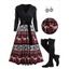 Long Sleeve Snowflake Elk Tribal Print Cinched Surplice Neck Belted Midi Dress And Lace Up Over The Knee Boots life Tree Hoop Earrings Outfit - Noir S | US 4