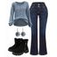 Half Button Ribbed Long Sleeve Top And Contrast Topstitching Leaf Embroidery Double Buttons Jeans Faux Fur Lining Boots Moon Tree Hoop Earrings Outfit - Bleu gris S | US 4