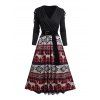 Long Sleeve Snowflake Elk Tribal Print Cinched Surplice Neck Belted Midi Dress And Lace Up Over The Knee Boots life Tree Hoop Earrings Outfit - Noir S | US 4