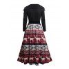 Long Sleeve Snowflake Elk Tribal Print Cinched Surplice Neck Belted Midi Dress And Lace Up Over The Knee Boots life Tree Hoop Earrings Outfit - Noir S | US 4