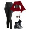 Off The Shoulder Flare Sleeve Vintage Belted Blouse And Buckle Strap Leggings Zip Up Boots Teardrop Earrings Gothic Outfit - Rouge foncé S | US 4