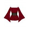 Off The Shoulder Flare Sleeve Vintage Belted Blouse And Buckle Strap Leggings Zip Up Boots Teardrop Earrings Gothic Outfit - Rouge foncé S | US 4